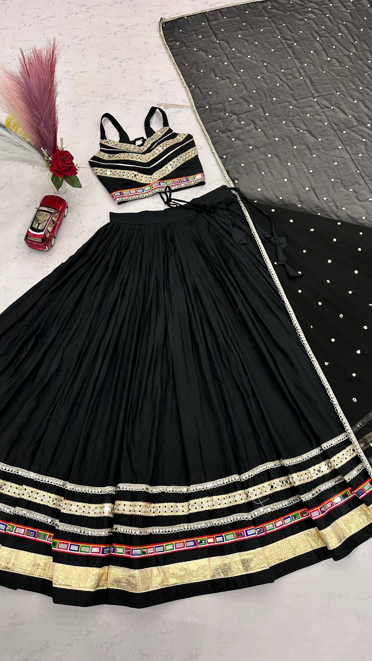 Pure Cotton Gamthi Work Lehenga Choli Set with Mirror Lace – 6 Meter Flair